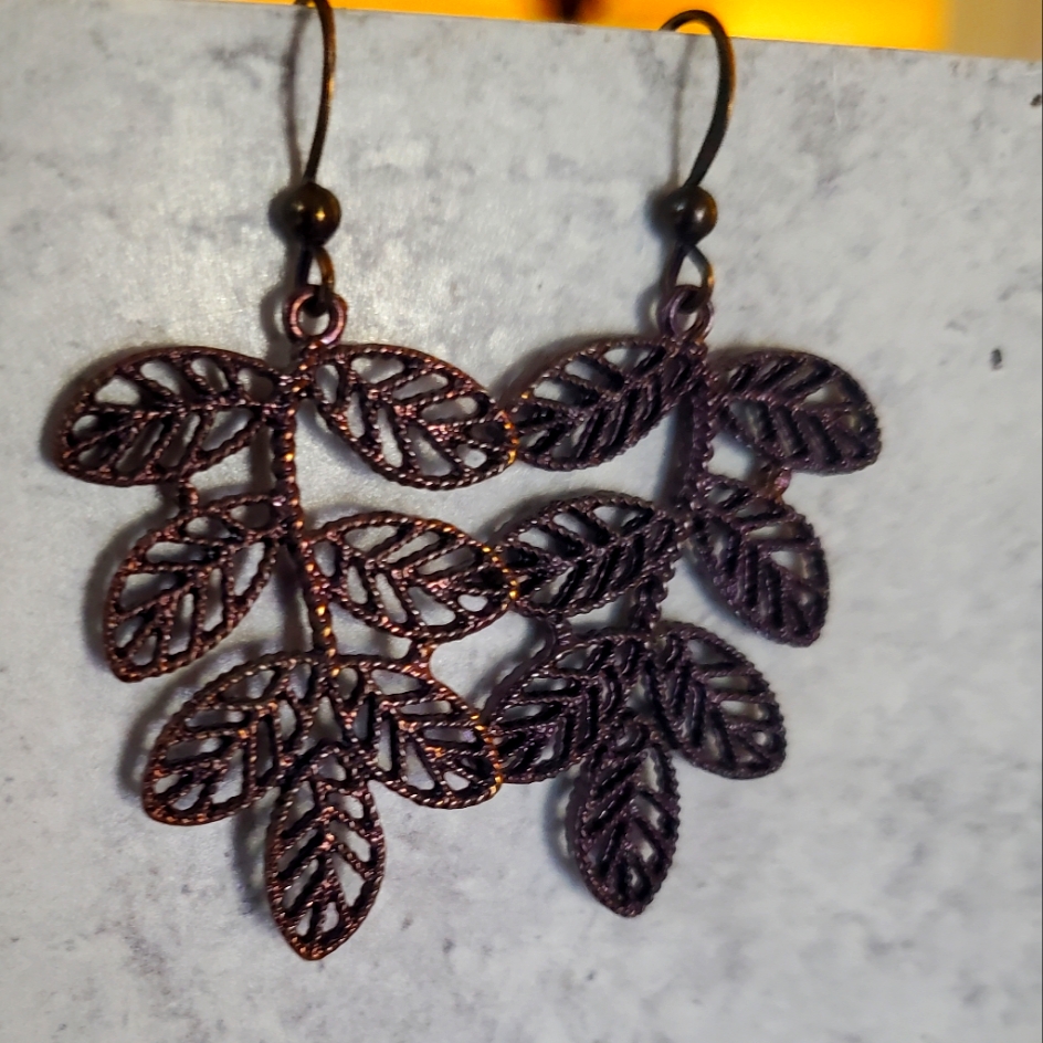 Pair Of Metal Copper Tone Leaf Pattern Earrings